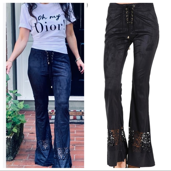 BOHO CHIC FAUX SUEDE LACE UP BELL PANTS - Picture 2 of 13